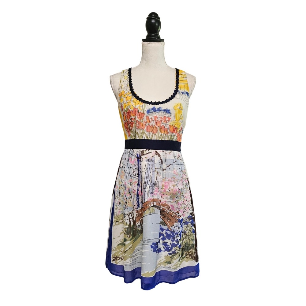 Landscape Watercolor 100% Silk A-Line Dress Size 4 Dopamine Maximalism Artsy